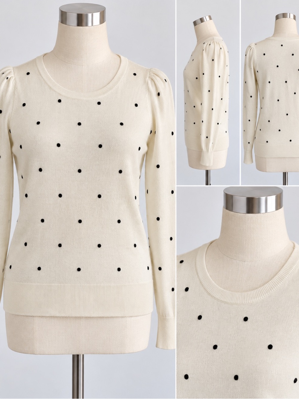 Talbots Ivory Black Pom Pom Polka Dot Wool Blend Sweater M
